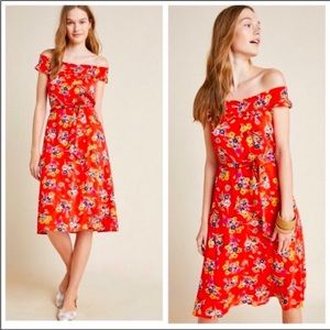 Anthropologie Red Floral Off Shoulder Dress